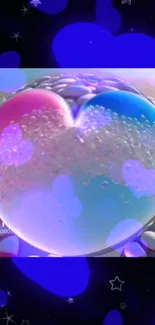 Vibrant pink and blue heart bubble with floating hearts and stars on a dark background.