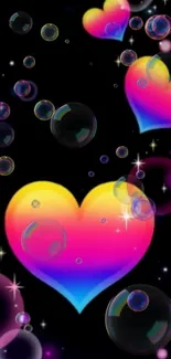 Colorful heart bubbles with dark background.