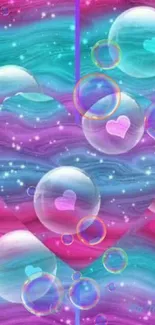 Colorful heart-shaped design with bubbles on a vibrant background.