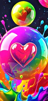 Vibrant mobile wallpaper with colorful heart bubbles