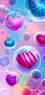 Colorful heart bubbles on a vibrant wallpaper.