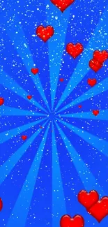 Blue background with red heart bursts and white dots.