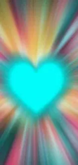 Turquoise heart with vibrant burst of colorful rays in the background.