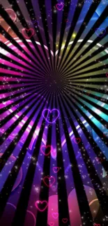 A vibrant heart burst wallpaper with rainbow colors and starry accents.