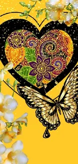 Mobile wallpaper with heart, butterfly, and floral designs on yellow background.