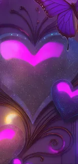 Glowing hearts with purple butterfly wallpaper.