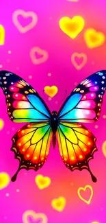 Colorful butterfly with glowing hearts wallpaper.