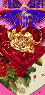 Vibrant wallpaper with heart, butterfly, and golden rose on pink background.