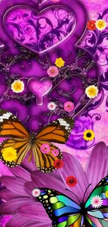 Vibrant wallpaper with butterflies, floral elements, and purple heart design.