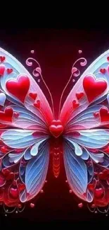 Colorful butterfly with heart designs on a vibrant background.