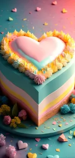 Vibrant heart-shaped cake with pastel colors and decorations.