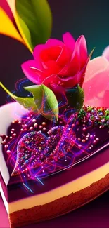 Heart-shaped cake with roses on vibrant background.