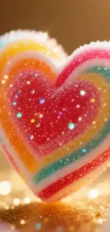 Heart-shaped colorful candy with glitter sparkles.