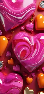 Colorful heart-shaped candies in pink and orange hues.