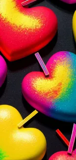 Colorful heart-shaped candies in rainbow hues on black background.