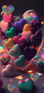 Colorful hearts in a glass jar, vibrant wallpaper for mobile screen.
