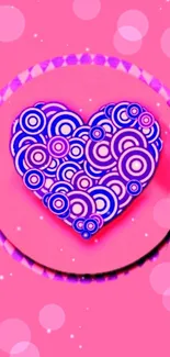 Colorful heart with concentric circles on a vibrant pink background.