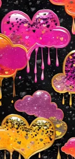 Colorful heart-shaped clouds with sparkle on a dark background wallpaper.