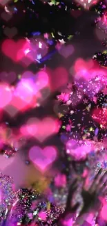 Vibrant pink hearts and confetti mobile wallpaper.