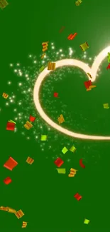 Green wallpaper with a sparkling heart and colorful confetti.