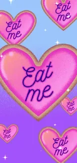 Colorful heart-themed wallpaper with 'Eat Me' cookies on a purple gradient.