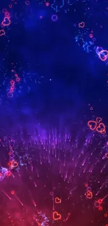 Cosmic wallpaper with vibrant hearts and glowing colors in blue and red.