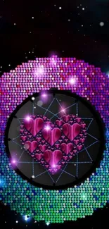 Vibrant purple heart with cosmic kaleidoscope background.