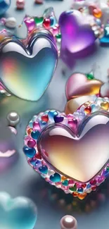 Colorful heart-shaped crystals with pearl accents in vibrant hues for mobile screens.