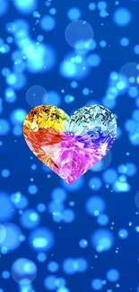 Vibrant colorful heart on blue bokeh background wallpaper.