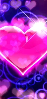 Bright pink heart with glowing purple swirls on a wallpaper design.