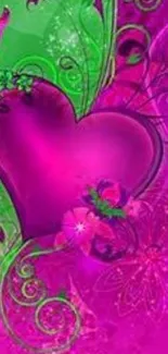 Vibrant pink and green heart wallpaper with floral design.