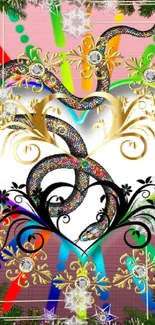 Vibrant mobile wallpaper with heart and floral patterns.