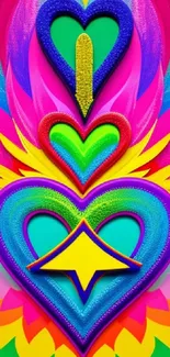 Vibrant heart design with rainbow colors and geometric patterns.