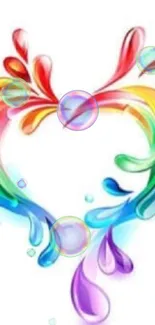 Colorful heart shape with rainbow splashes on a white background.