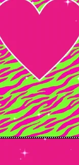 Vibrant heart wallpaper with pink and green patterns.