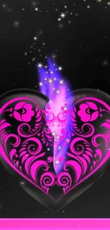 Vibrant pink heart with floral patterns and a mystical glow on a dark background.