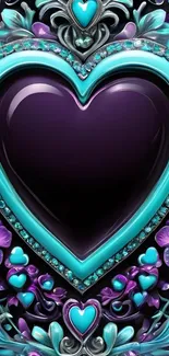 Vibrant teal and purple heart design wallpaper with floral accents.