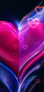 Vibrant pink heart with blue flames on a dark background.