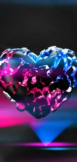 Digital heart with neon glow on dark background.