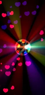 Colorful disco ball with hearts background.