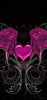 Magenta heart with dragon wings on black background.