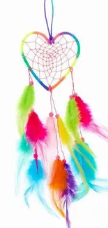 Colorful heart-shaped dreamcatcher with vibrant feathers on white background.