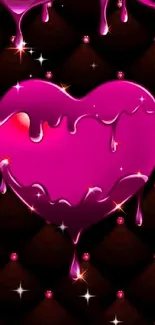 Vibrant pink heart with dripping effect on a dark quilted background.