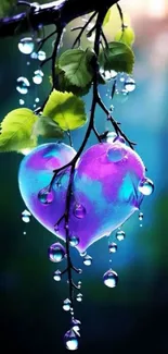 Heart-shaped droplet on branch with vibrant colors.