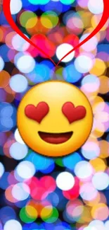 Heart-eyed emoji with colorful bokeh background.