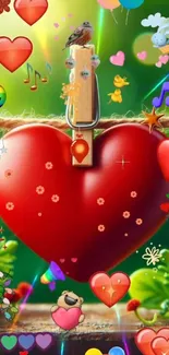Vibrant heart emoticon wallpaper with colorful symbols and cheerful elements.