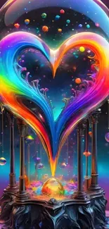 Vibrant heart-shaped rainbow artwork with cosmic elements.