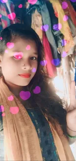 Young woman with heart filter and peace sign in vibrant colors.