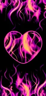 Pink heart with flame design on black background.