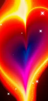 Vibrant heart-shaped flame wallpaper in red, orange, and purple hues.